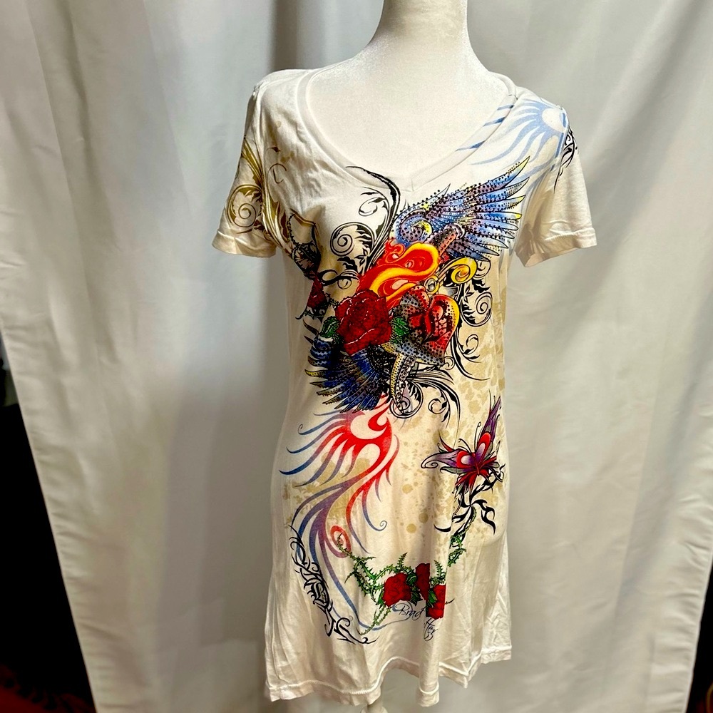 VINTAGE BRAD BUTTER TUNICTEE SHIRT with crystals and beautiful rose IN LARGE